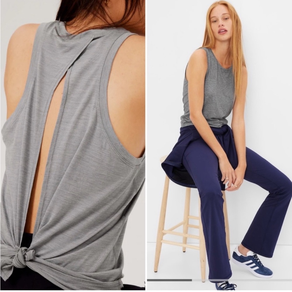 GAP BODY Breathe Gray Flowy Workout Top with Open Tie Back - Picture 1 of 5